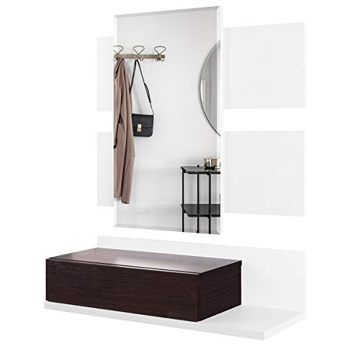 COMIFORT Recibidor Colgante - Mueble de Entrada con Cajón, Espejo y Estante de Estilo Nórdico y Moderno, Muy Resistente y Estable, de Color Blanco y Wengue