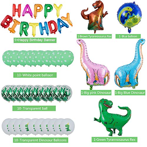 Comius 48 Piezas Decoración de Fiesta de Dinosaurio, 3D Globos de Dinosaurio, Happy Birthday Banner, Globos de Colores para Niños Chicas Selva Jurásico Cumpleaños Fiesta
