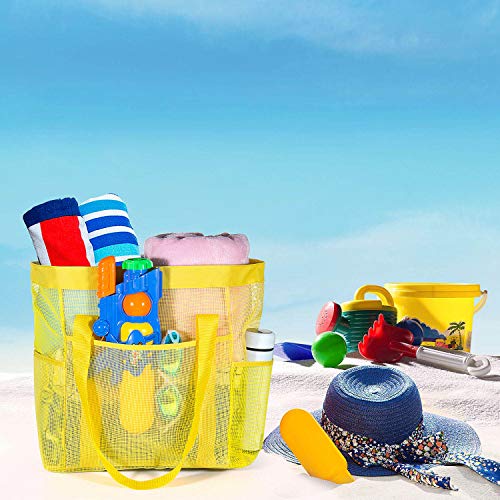 Comius Bolsa Grande de Malla de Playa, Bolsa de Almacenamiento de Juguetes de Arena, Bolsa Plegable de Compras, Bolsa de Almacenamiento de Comestibles para Vacaciones (Yellow)