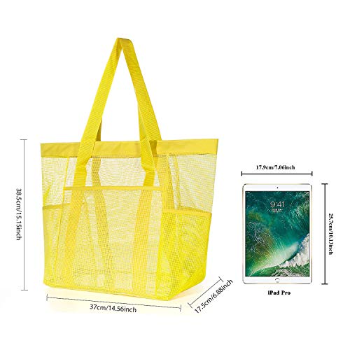 Comius Bolsa Grande de Malla de Playa, Bolsa de Almacenamiento de Juguetes de Arena, Bolsa Plegable de Compras, Bolsa de Almacenamiento de Comestibles para Vacaciones (Yellow)