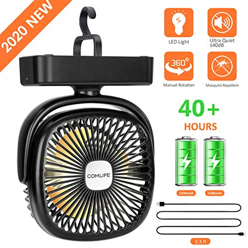 COMLIFE Ventilador Portátil para Camping con Luz LED, 3 Velocidades, Rotación de 360 °, Alimentado por USB o Batería Recargable 4400mAh, Ventilador de Mesa para el Hogar, Exterior, Oficina, Camping