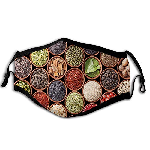 Cómoda cubierta de cara a prueba de viento, coloridas hierbas y especias cardamomo pimienta chile jengibre eneldo cocina natural, decoraciones faciales impresas para hombre y mujer