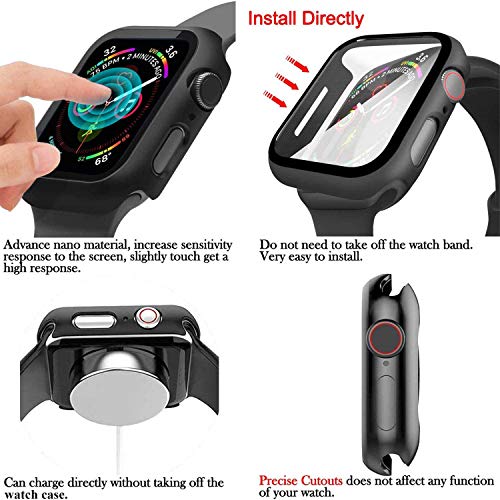Compatible con Apple Watch 44mm Serie 6/SE/5/4 Funda+Cristal Templado, Qianyou PC Case y Vidrio Protector de Pantalla Integrados, Slim Cover de Bumper y Protector Pantalla (Negro)