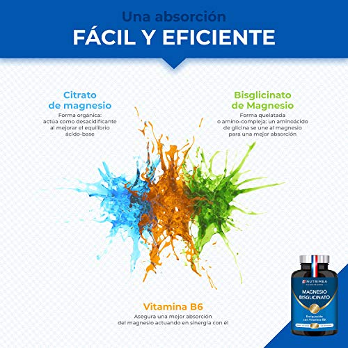 Complejo de Citrato y Bisglicinato de Magnesio | 200 Cápsulas | Vegano Sin Gluten Sin Lactosa | Alta Absorción y Asimilación con Vitamina B6 | 3 meses Suministro | Fabricado en Francia | Estrés Fatiga