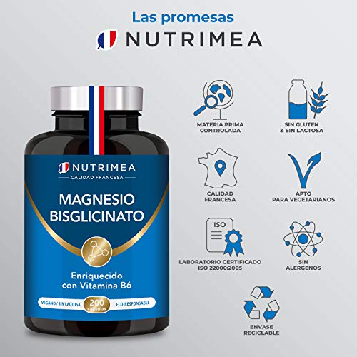 Complejo de Citrato y Bisglicinato de Magnesio | 200 Cápsulas | Vegano Sin Gluten Sin Lactosa | Alta Absorción y Asimilación con Vitamina B6 | 3 meses Suministro | Fabricado en Francia | Estrés Fatiga