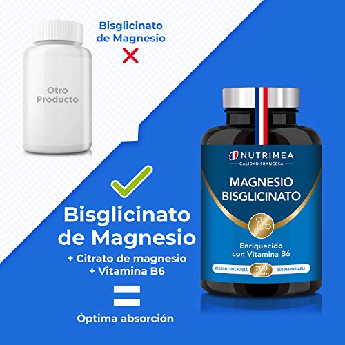 Complejo de Citrato y Bisglicinato de Magnesio | 200 Cápsulas | Vegano Sin Gluten Sin Lactosa | Alta Absorción y Asimilación con Vitamina B6 | 3 meses Suministro | Fabricado en Francia | Estrés Fatiga