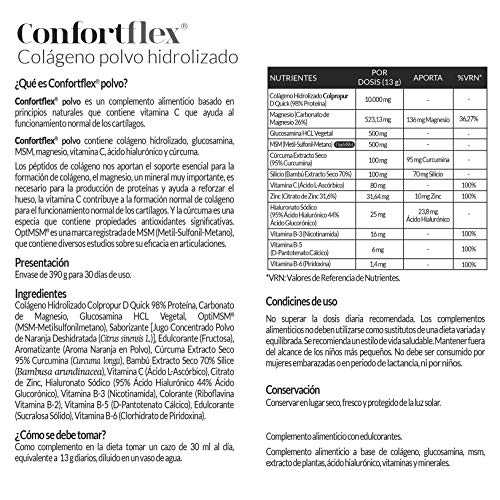 Confortflex® colágeno polvo hidrolizado con, magnesio, glucosamina, MSM, silicio, vitamina C, zinc, ácido hialurónico, vitamina B-3, vitaminaB-5, vitamina B-6 y cúrcuma– 390 gramos, 30 días.