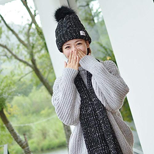 Conjunto de bufanda de gorro,para la moda femenina de invierno cálido de lana de cachemira tejida truco gorro de terciopelo con frijol y bufanda larga y sólida conjunto de bufanda negra