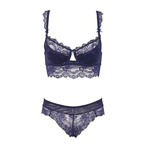 Conjunto de lencería Varsbaby para mujer, sujetador push up y braga con bordados de encaje Azul azul 95B