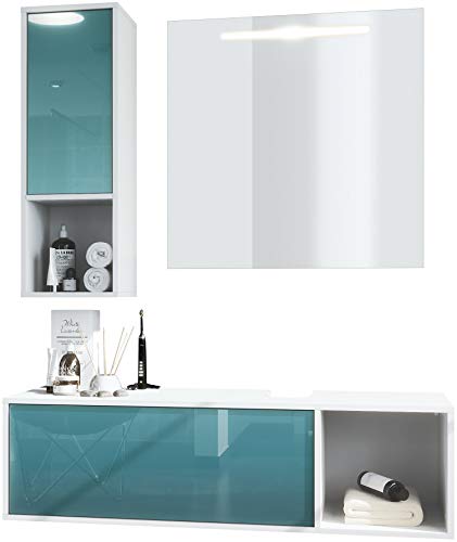 Conjunto de Muebles para baño La Costa, Cuerpo en Blanco Mate/Frentes petróleo de Alto Brillo, con Espejo LED