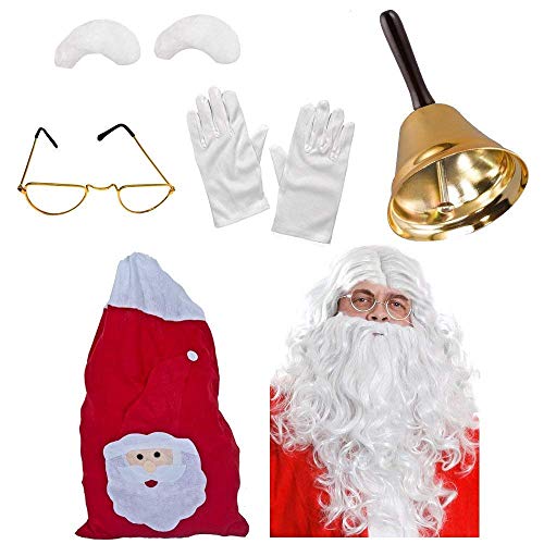 CONJUNTO DE PAPÁ NOEL CONJUNTO DE ACCESORIOS DE DISFRACES DE LUJO PAPÁ NOEL ACCESORIOS COMPLETOS DE 7 PIEZAS - QUE INCLUYE PELUCA + BARBA + GUANTES + GAFAS + CEJAS + SACO DE SANTA + CAMPANA