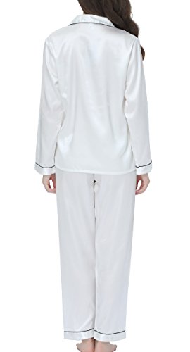 Conjunto de pijama de mujer de satén largo ropa de dormir ropa de dormir ropa de dormir Blanco Blanco con ribete negro. XL
