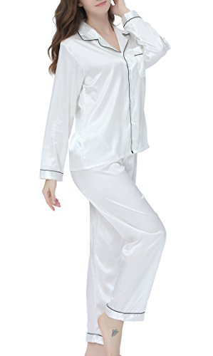 Conjunto de pijama de mujer de satén largo ropa de dormir ropa de dormir ropa de dormir Blanco Blanco con ribete negro. XL