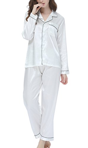 Conjunto de pijama de mujer de satén largo ropa de dormir ropa de dormir ropa de dormir Blanco Blanco con ribete negro. XL