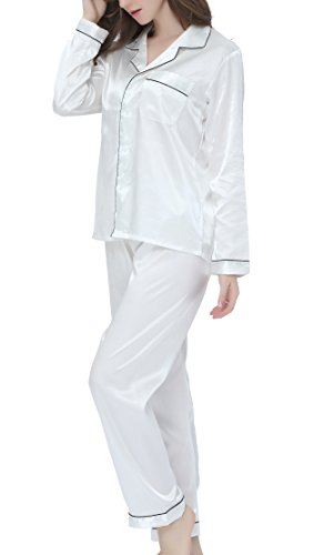 Conjunto de pijama de mujer de satén largo ropa de dormir ropa de dormir ropa de dormir Blanco Blanco con ribete negro. XL