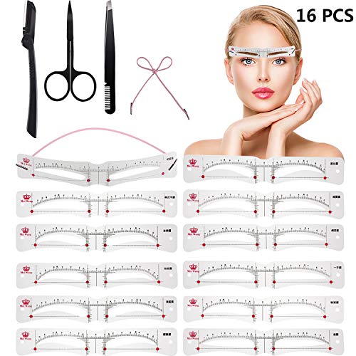 Conjunto de Plantilla de Ceja Incluye 12 Piezas Plantilla de Cejas Reutilizable con Correa, Navaja de Cejas, Pinzas de Cejas y Peine, Tijeras de Cejas para Mujeres Hombres