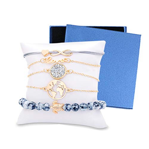 Conjunto Pulseras Mujer, Dsaren Apilable Pulsera Ajustable Circón Brazalete Conjunto Mujeres Accesorios de la joyería, Mejores Regalos para Ella (Mapa y tortuga)