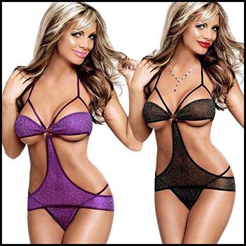Conjuntos de lencería para mujer Ropa de dormir para mujer Talla grande lencería sexy perspectiva sexy de seda plateada para mujer traje de seducción de bikini hueco de tres puntos-negro _S