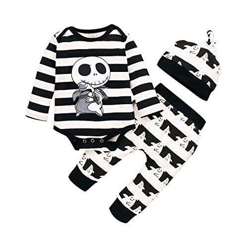Conjuntos para Niña Invierno Bodies Manga Larga con Rayas Pijama Bebé Recién Nacido Mangas Largas + Pantalones Largos Dibujos + Gorro para Halloween Fiesta (Negro, 0-6 M)