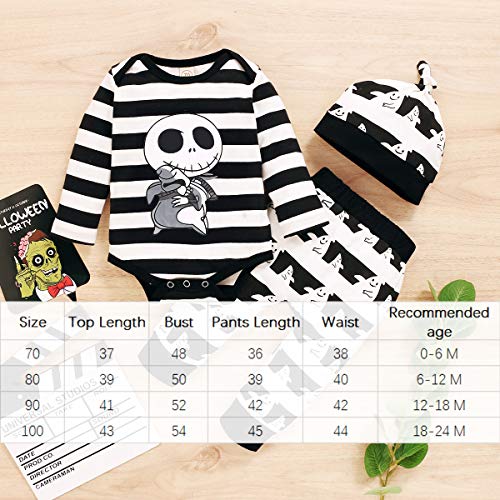 Conjuntos para Niña Invierno Bodies Manga Larga con Rayas Pijama Bebé Recién Nacido Mangas Largas + Pantalones Largos Dibujos + Gorro para Halloween Fiesta (Negro, 0-6 M)