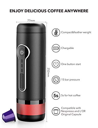 CONQUECO Cafetera Portátil, Calefacción Eléctrica de 12V, Cafetera Exprés para Viajes, Camping y Coche, Compatible con Cápsulas Nespresso y L'OR Orignal