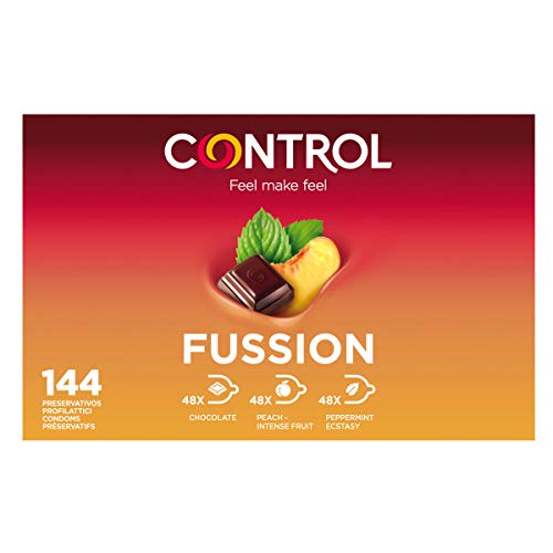 Control Fussion Preservativos - Caja de condones de aormas afrodisíacos: chocolate, menta y melocotón - 144 unidades (pack grande ahorro) - Gama placer natural, lubricados, perfecta adaptabilidadades