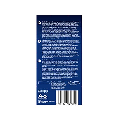 Control Preservativos Nature XL - Caja de condones tamaño más grande, gama placer natural, lubricados, perfecta adaptabilidad, sexo seguro, 12 unidades