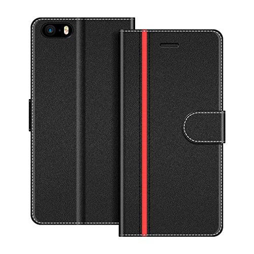 COODIO Funda iPhone 5S con Tapa, Funda Movil iPhone SE, Funda Libro iPhone 5 Carcasa Magnético Funda para iPhone SE/iPhone 5S / iPhone 5(No es Compatible con iPhone SE 2020), Negro/Rojo
