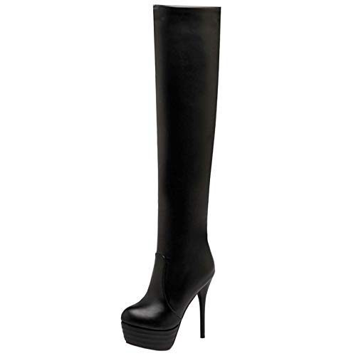 COOLCEPT Mujer Sexy Stiletto Botas sobre la Rodilla Plataforma Tacón Altos Botas Larga Cremallera Fiesta Botas Largas Black Size 45 Asian