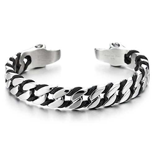 COOLSTEELANDBEYOND Elástica Ajustable Brazalete Cráneo Sólida Cadena Barbada Entretejido Cuero Negro, Hombre Mujer Pulsera Cuff de Acero