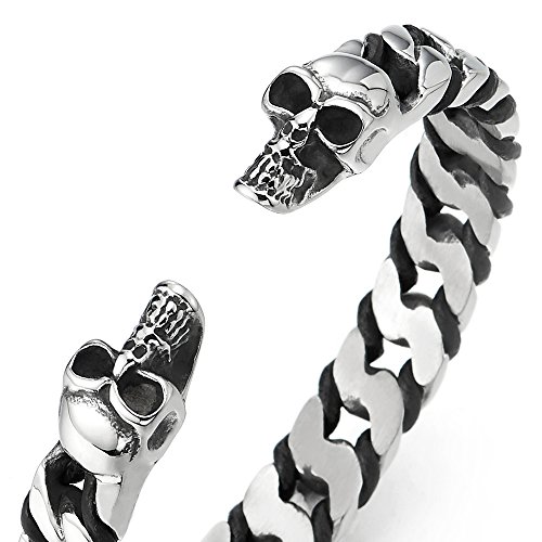 COOLSTEELANDBEYOND Elástica Ajustable Brazalete Cráneo Sólida Cadena Barbada Entretejido Cuero Negro, Hombre Mujer Pulsera Cuff de Acero