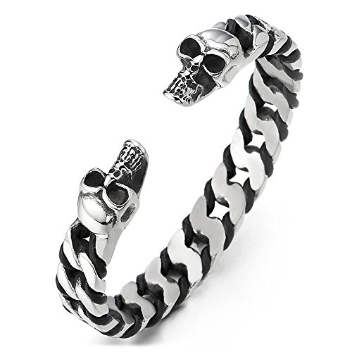 COOLSTEELANDBEYOND Elástica Ajustable Brazalete Cráneo Sólida Cadena Barbada Entretejido Cuero Negro, Hombre Mujer Pulsera Cuff de Acero