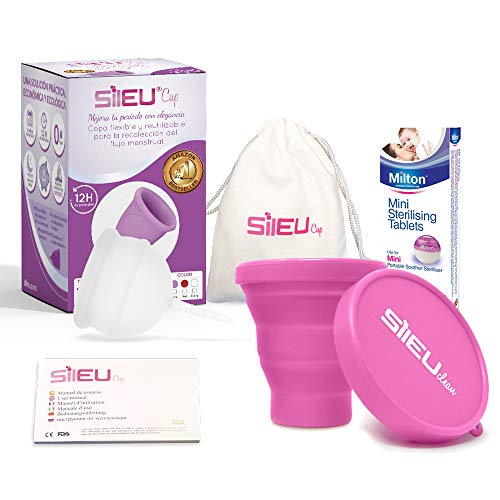 Copa Menstrual Sileu Cup Bell - 12 horas de protección sin fugas y pérdidas - Talla L Transparente + Esterilizador Plegable al azar + 50 Pastillas Esterilizadoras Mini Milton