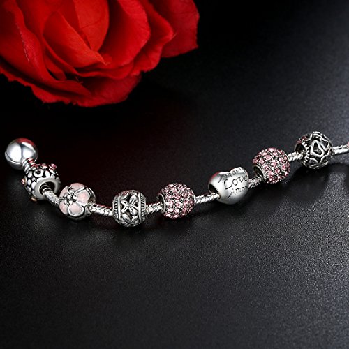 "Corazo del Amor" Chapado en plata Pulseras Mujer, Rosa Cristal Abalorio,Regalos de la joyería de las mujeres 20 centimetre