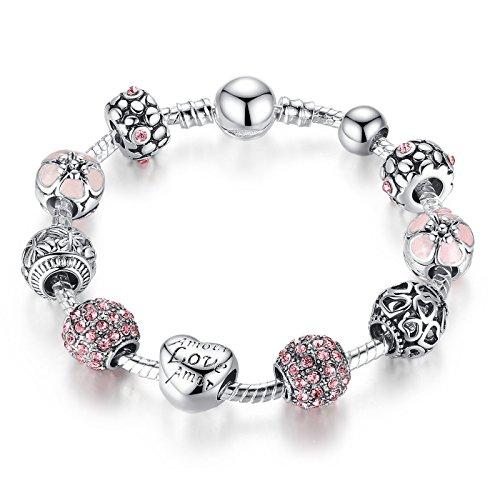 "Corazo del Amor" Chapado en plata Pulseras Mujer, Rosa Cristal Abalorio,Regalos de la joyería de las mujeres 20 centimetre