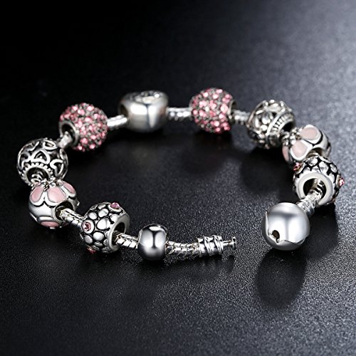 "Corazo del Amor" Chapado en plata Pulseras Mujer, Rosa Cristal Abalorio,Regalos de la joyería de las mujeres 20 centimetre