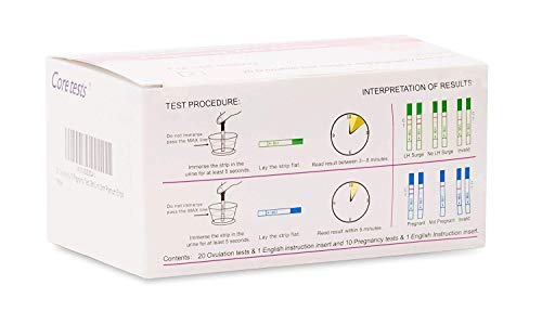 CoreTests - 20 tiras ultra de prueba de embarazo y 20 de ovulación, 25 mIU/ml LH + 10 mIU/ml