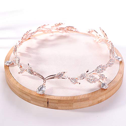 Corona de oro rosa con cristales para novia, accesorio para el pelo de boda, gota de agua, tiara de hoja, diadema