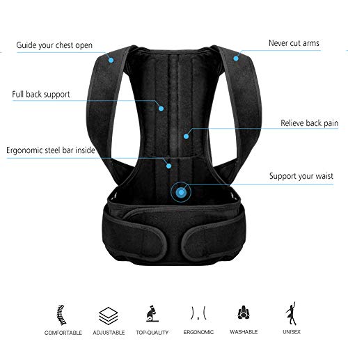 Corrector de Postura de la Espalda para Hombres y Mujeres, Plancha de Espalda Ajustable para Soporte de Hombro, Alivio del Dolor de Espalda y Cuello,Black,M