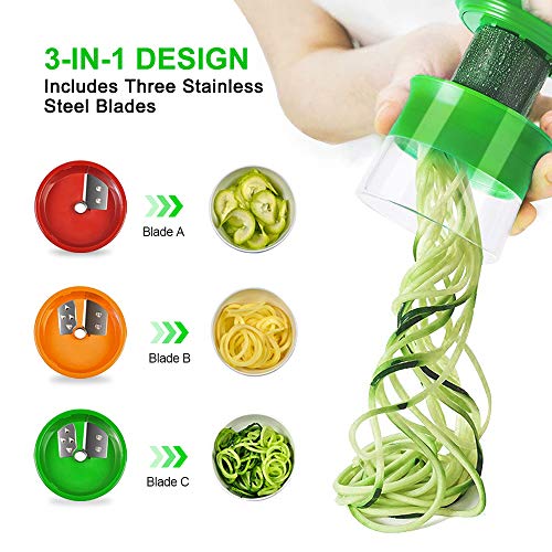 Cortador de Verduras, opamoo 3 en 1 Cortador en Espiral Manual Rallador de Verduras con 3 Cuchillas Mandolina de Cocina para Pepino Papa Calabaza Calabacín Zanahoria
