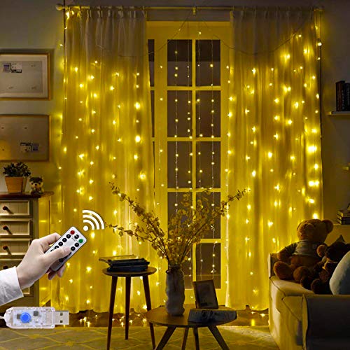 Cortina de Luces USB 3 * 3 m 300 LED Resistente al Agua con 8 Modos de Luz, EVILTO Cortina Luminosa de Lamparitas LED para Navidad, Fiesta, Cumpleaños, Día de San Valentín, Boda, Jardín, Blanco Cálido