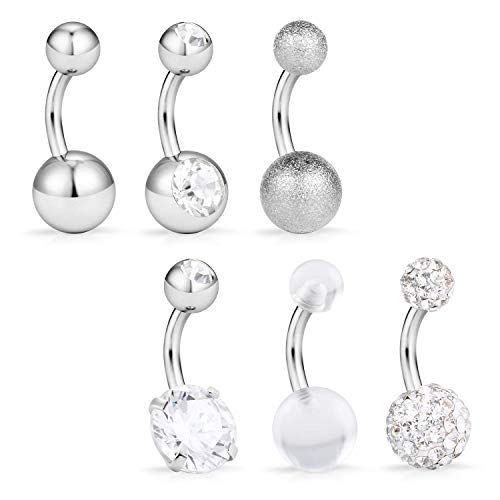 Corto Piercing Ombligo Anillo 6mm Banana Curvados Barbell Piercing Ombligo Acero inoxidable Piercing Ombligo con CZ 14G 6 Piezas