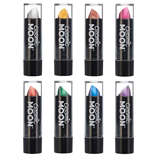 Cosmic Moon - Lápiz Labial Metálico - 5g - ¡Para unos labios metálicos fascinantes! - Set de 8 colores - Incluye: Plata, Oro, Oro Rosa, Rosa, Rojo, Verde, Azul, Púrpura