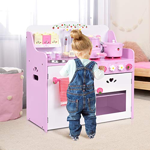 COSTWAY Cocinita de Juguete de Madera Cocina de Juego para Niña Infantil con Accesorio 60x29,5x62 Centímetros