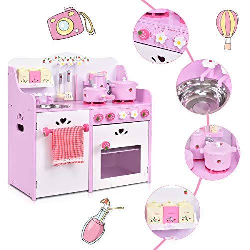 COSTWAY Cocinita de Juguete de Madera Cocina de Juego para Niña Infantil con Accesorio 60x29,5x62 Centímetros