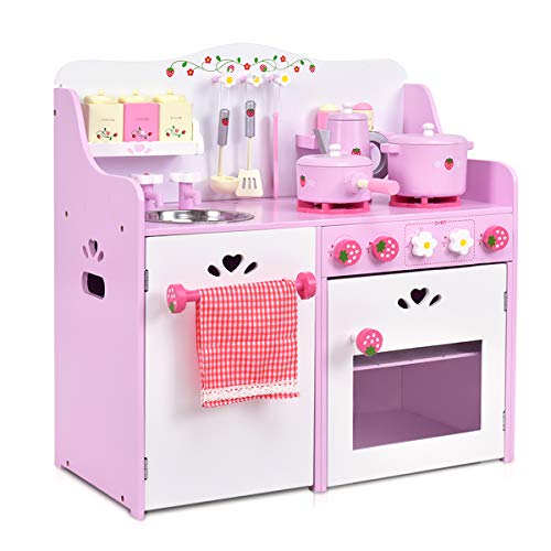 COSTWAY Cocinita de Juguete de Madera Cocina de Juego para Niña Infantil con Accesorio 60x29,5x62 Centímetros