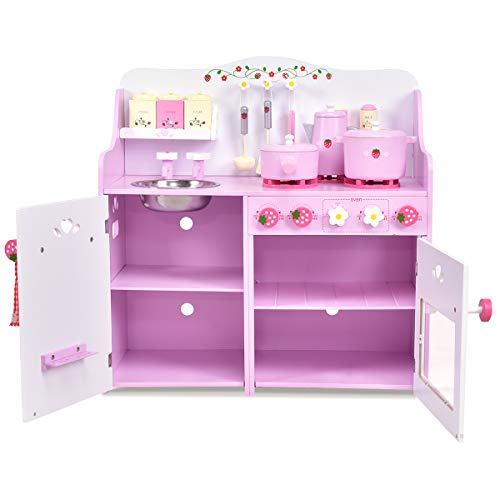 COSTWAY Cocinita de Juguete de Madera Cocina de Juego para Niña Infantil con Accesorio 60x29,5x62 Centímetros