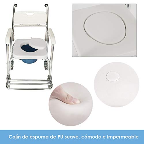 COSTWAY Silla de Ducha con Ruedas Asiento Acolchado extraíble Silla para Inodoro WC Carga hasta 136kg Taburete para Baño de Aluminio