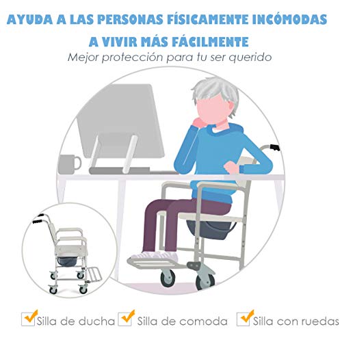 COSTWAY Silla de Ducha con Ruedas Asiento Acolchado extraíble Silla para Inodoro WC Carga hasta 136kg Taburete para Baño de Aluminio
