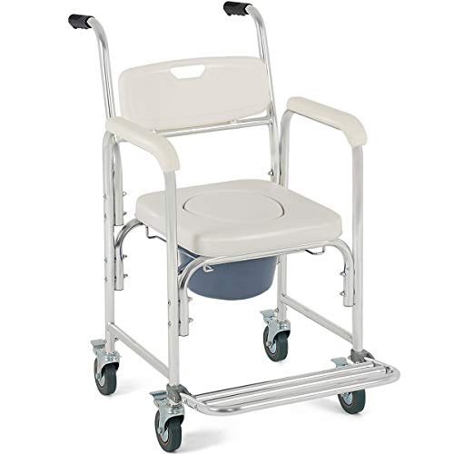 COSTWAY Silla de Ducha con Ruedas Asiento Acolchado extraíble Silla para Inodoro WC Carga hasta 136kg Taburete para Baño de Aluminio